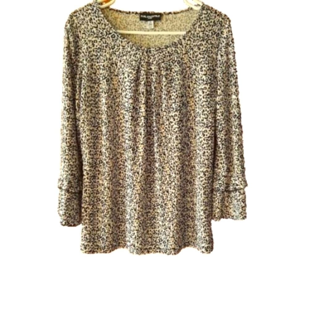 Karl Lagerfeld LEO Leopard Print Long Sleeve Ruffle Top Tunic Sz Small